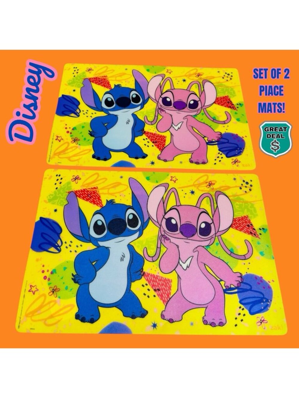 Disney Lilo & Stitch Stitch and Angel 11.5” x 17” Placemats. Set of 2. NEW NWOT!